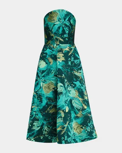 Rickie Freeman For Teri Jon Strapless Metallic Jacquard Midi Dress In Green Mult