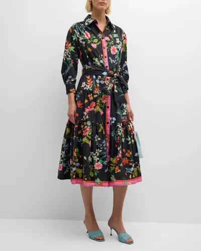 Rickie Freeman For Teri Jon Tiered Floral-print Midi Shirtdress In Black Mult