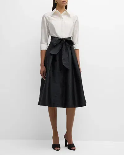 Rickie Freeman For Teri Jon Two-tone 3/4-sleeve Taffeta Shirtdress In Black Whit