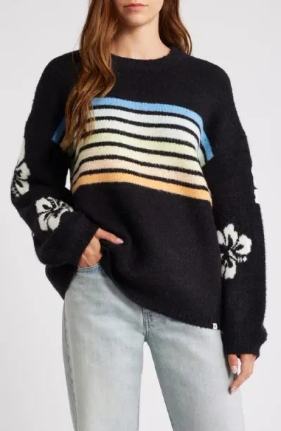 Rip Curl High Tide Hibiscus Stripe Crewneck Sweater In Black