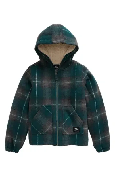 Rip Curl Kids' Surf Check Plaid Hooded Zip-up Jacket In Blue Green