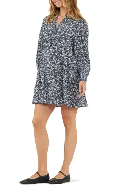 Ripe Maternity Thea Long Sleeve Tie Waist Maternity/nursing Dress In Navy/white