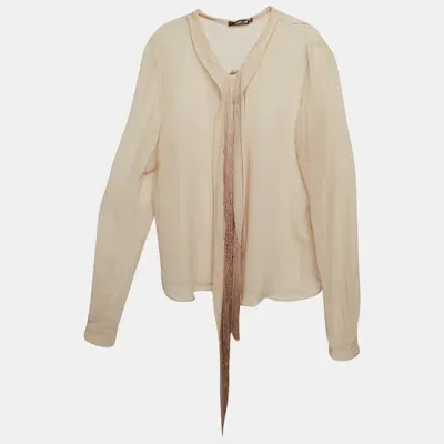 Pre-owned Roberto Cavalli Beige Silk Fringed Shirt L