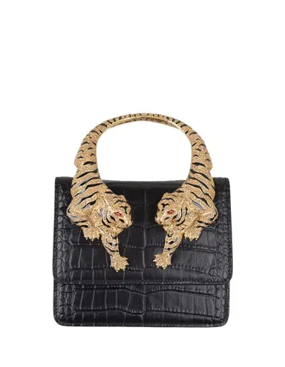 Roberto Cavalli Black Medium Roar Shoulder Bag With Jewelled Tigers