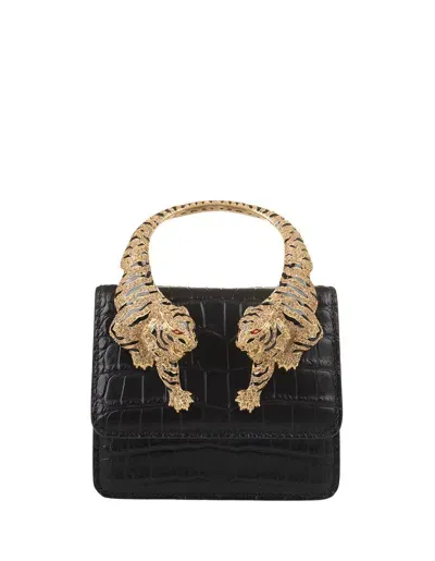 Roberto Cavalli Black Small Roar Shoulder Bag With Jewelled Tigers