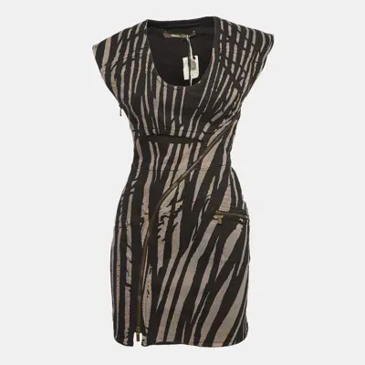 Pre-owned Roberto Cavalli Black Zebra Print Denim Zip Detail Mini Dress S