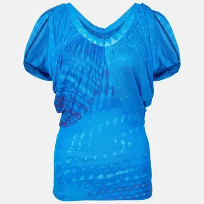 Pre-owned Roberto Cavalli Blue Printed Jersey Draped Sleeve Top S