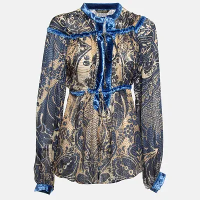 Pre-owned Roberto Cavalli Blue/brown Printed Velvet Trim Silk Blouse M