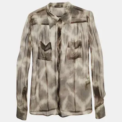 Pre-owned Roberto Cavalli Brown Animal Print Silk Sheer Shirt S