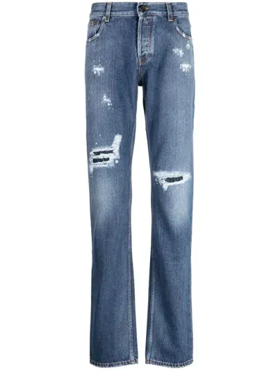 Roberto Cavalli Distressed Straight-leg Jeans In Blue