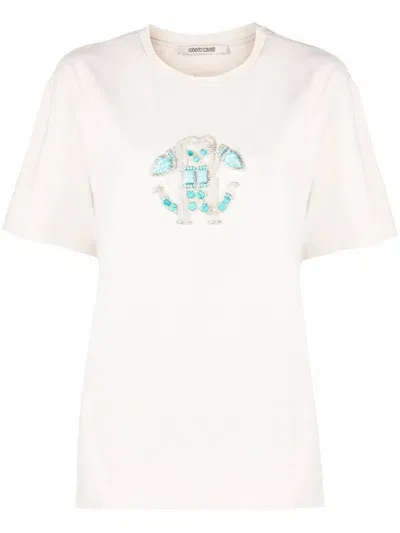 Roberto Cavalli Embellished Logo Stretch-cotton T-shirt In Neutrals