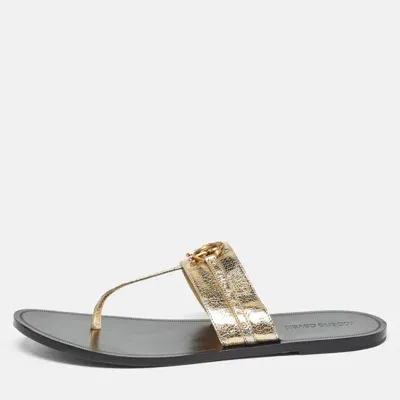 Pre-owned Roberto Cavalli Gold Crackled Leather Flat Slides Size 40