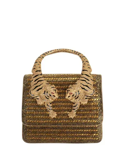 Roberto Cavalli Golden Small Roar Shoulder Bag With Jewelled Tigers