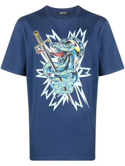 Roberto Cavalli Graphic-print Cotton T-shirt In Blau