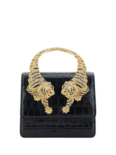 Roberto Cavalli Small Roar Croc Embossed Bag In Black