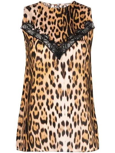 Roberto Cavalli Leopard-print Lace-trim Blouse In Brown