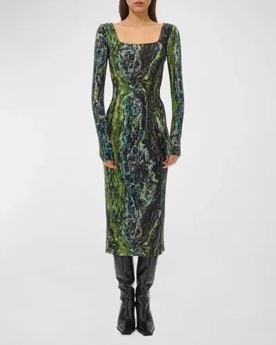 Roberto Cavalli Marble Square-neck Long-sleeve Midi Dress In Verde Muschio