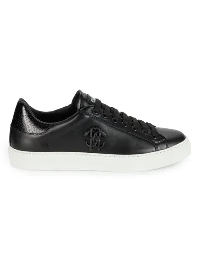 Roberto Cavalli Mirror Snake-embellished Leather Sneakers In Black