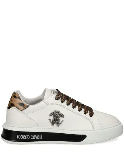 Roberto Cavalli Mirror Snake-plaque Leather Sneakers In White