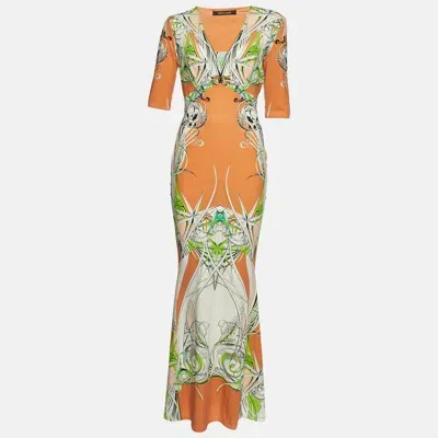 Pre-owned Roberto Cavalli Orange Printed Jersey Maxi Dress M