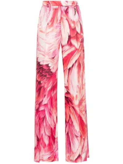 Roberto Cavalli Plumage-print Palazzo Pants In Pink