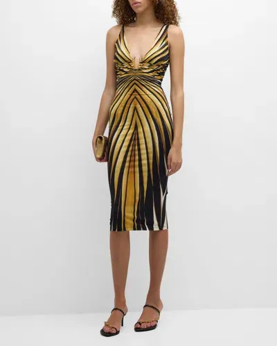 Roberto Cavalli Printed Midi Dress In Yellow/black