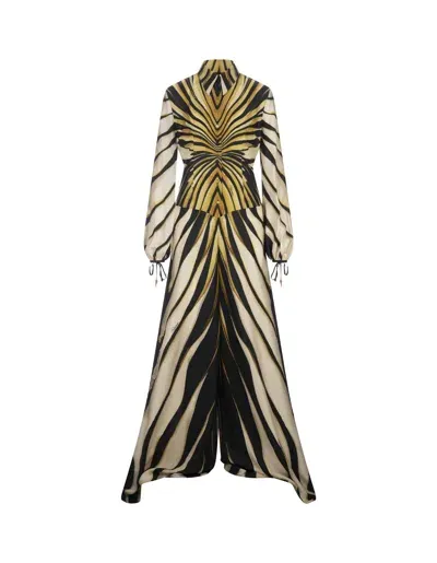 Roberto Cavalli Ray Of Gold Print Silk Shirt Jumpsuit In Golden