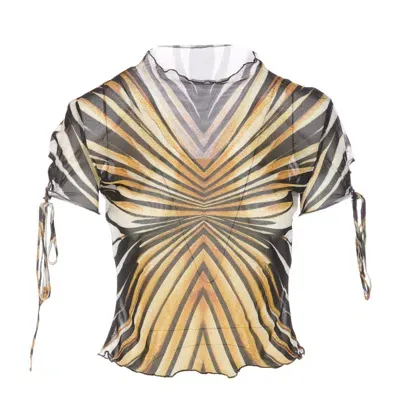 Roberto Cavalli Ray Of Gold Printed Tulle Top In Amarillo