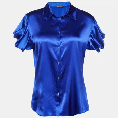 Pre-owned Roberto Cavalli Royal Blue Silk Satin Short Sleeve Shirt S