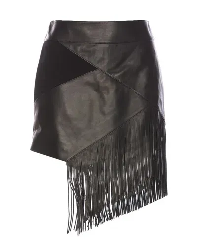 Roberto Cavalli Fringed Leather Mini Skirt In Black