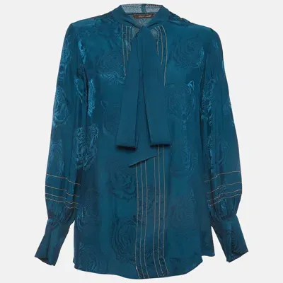 Pre-owned Roberto Cavalli Teal Blue Tiger Jacquard Embellished Blouse S