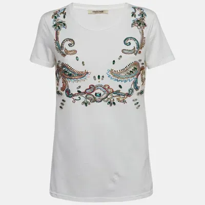 Pre-owned Roberto Cavalli White Crystal Embellished Knit Top M