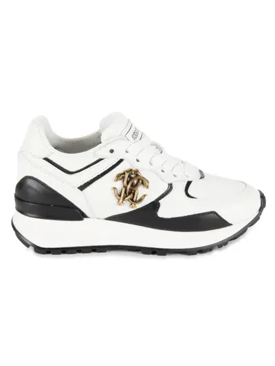 Roberto Cavalli Mirror Snake Panelled Leather Sneakers In White