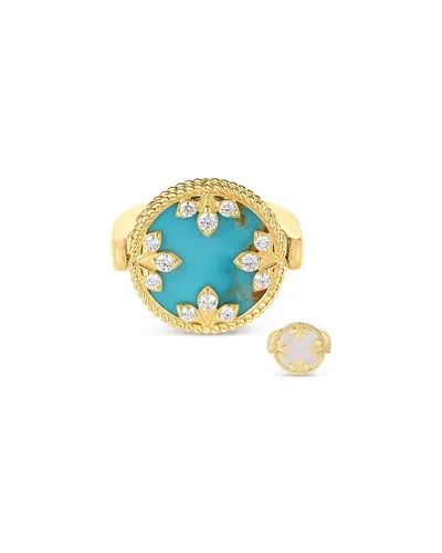 Roberto Coin 18k Yellow Gold Venetian Princess Medallion Turquoise, Mother Of Pearl & Diamond Reversible Ring In Blue/white