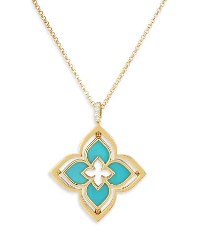 Roberto Coin 18k Yellow Gold Venetian Princess Pirouette Turquoise & Diamond Reversible Flower Pendant Necklace, In Blue/gold