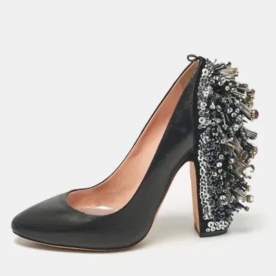 Pre-owned Rochas Black Leather Embellished Block Heel Pumps Size 39