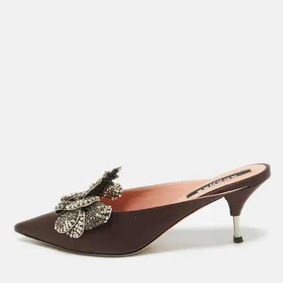 Pre-owned Rochas Burgundy Satin Crystal Embellished Mules Size 38