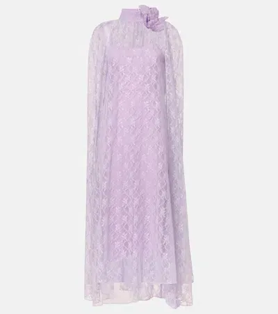 Rodarte Caped Floral Lace Midi Dress In Purple