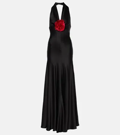 Rodarte Floral-appliqué Silk Satin Maxi Dress In Black