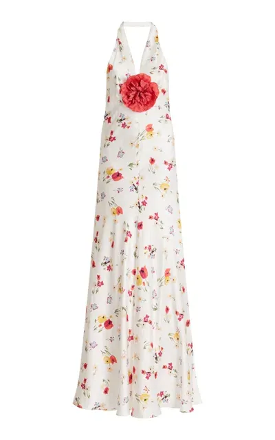 Rodarte Floral-detailed Tulip-print Silk-satin Halter Dress In White