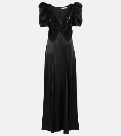 Rodarte Lace-trimmed Silk-blend Charmeuse Maxi Dress In Schwarz