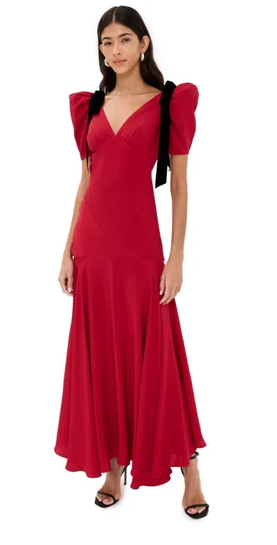 Rodarte Red Short Sleeve Silk Crepe Bias Dress With Black Velvet Bows Red