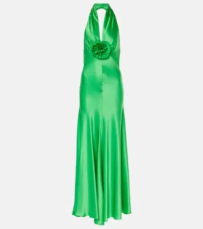 Rodarte Satin Halter Gown With Flower Detail In Green