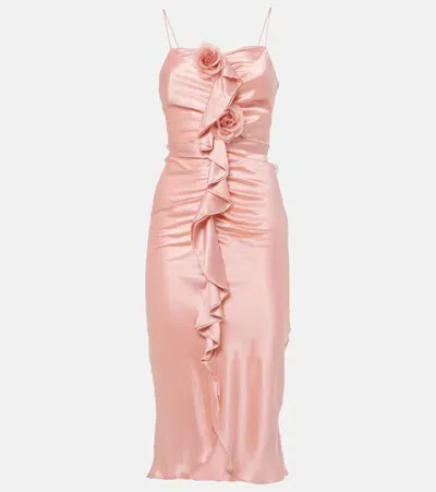 Rodarte Flower-detailed Ruched Silk-satin Dress In Pink