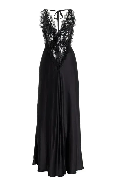 Rodarte Sequined Lace-trimmed Silk Maxi Dress In Black