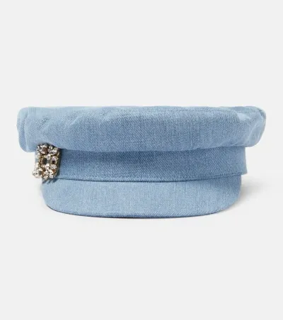 Roger Vivier Rv Crystal Broach Denim Sailor Cap In Denim Chiaro