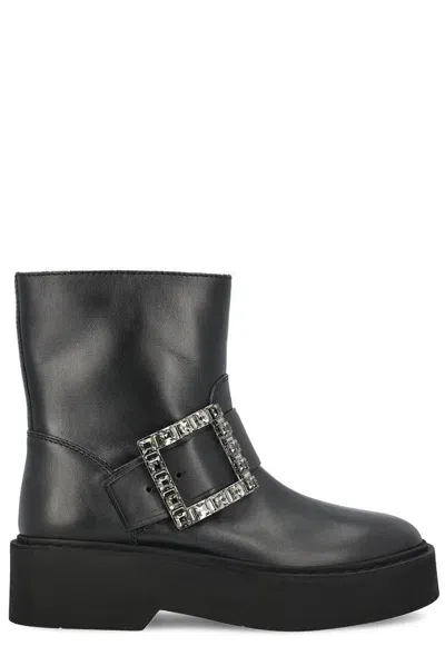 Roger Vivier Buckle Detailed Round Toe Boots In Black