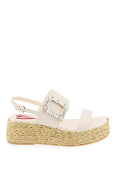 Roger Vivier Crystal Buckle Espadrille Sandals In White