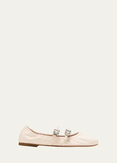 Roger Vivier Leather Strass Dual Buckle Ballerina Flats In Ivory