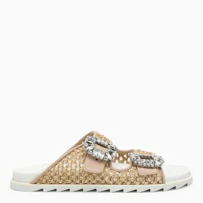 Roger Vivier Slidy Viv Raffia Slides In Beige